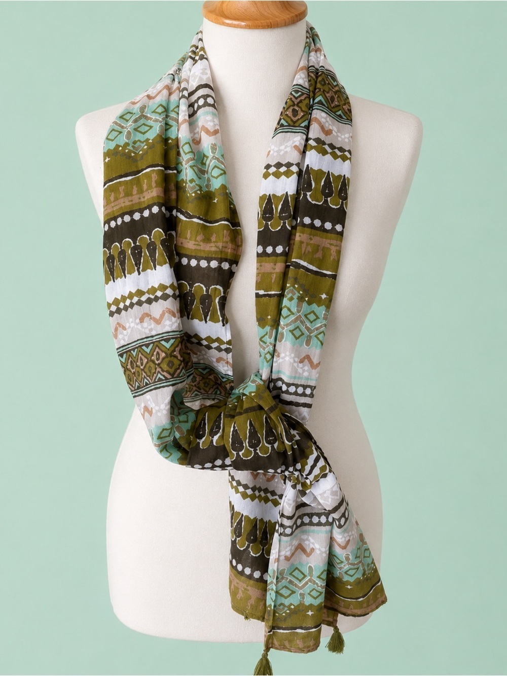 Boho Earth-Tone Cotton Scarf | Olive & Turquoise Tribal Print | Tassel Ends